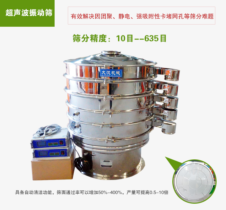 超聲波振動篩具備自動清潔功能，篩面通過率可以增加50%-400%，產(chǎn)量可提高0.5-10倍